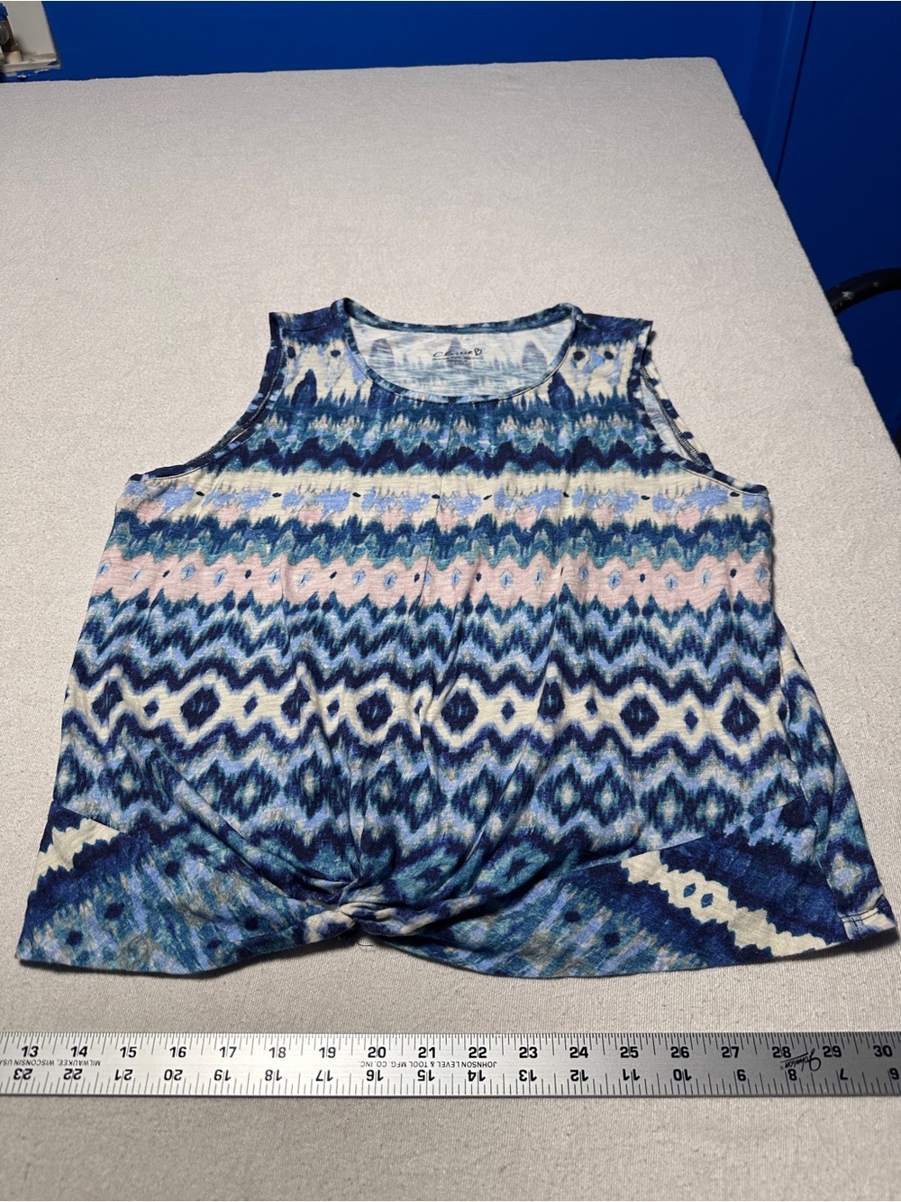 CHARLIE B Blue and Light Pink Ikat Twist-Hem Tank